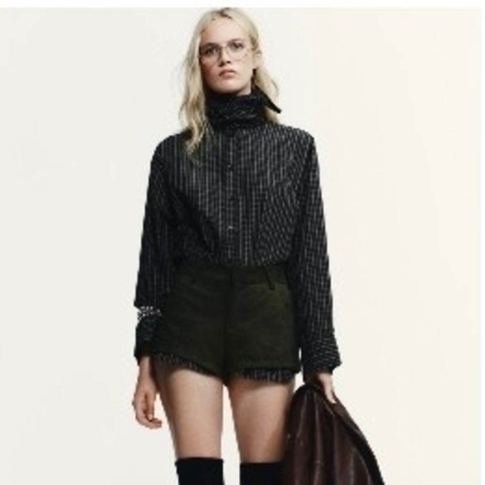 Zara Navy & Ecru Plaid Cotton Shirt w/ Scarf Collar – XXL NWT